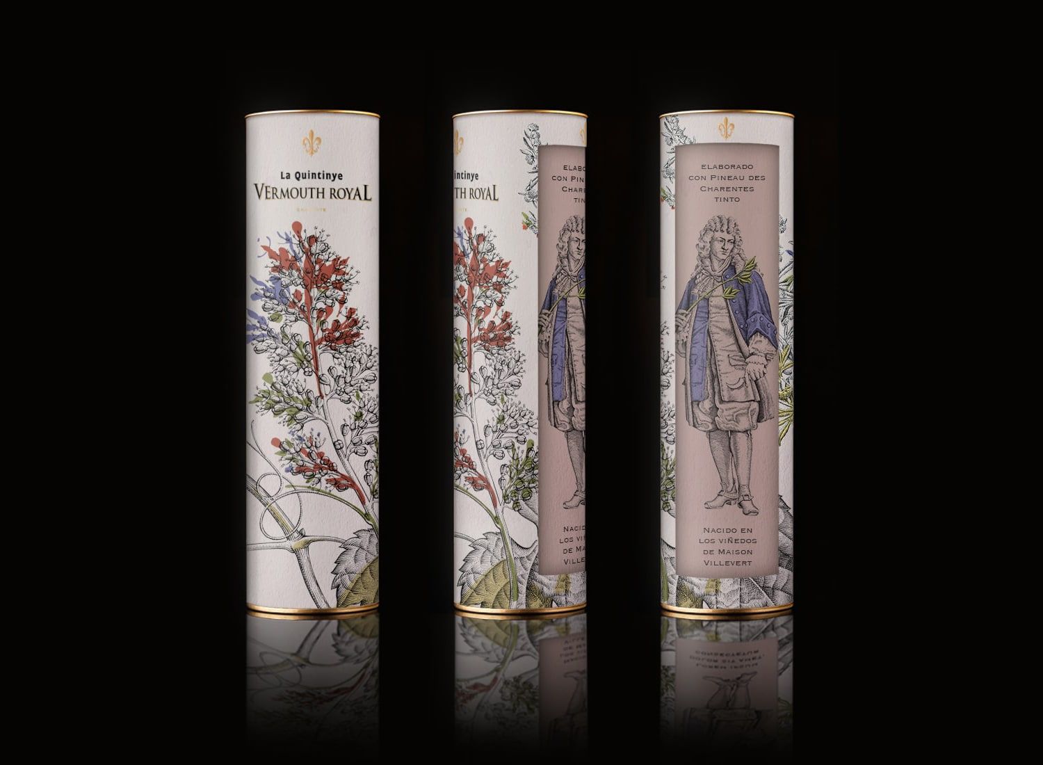 Bodegón con fondo negro del diseño de packaging con ventana para Vermouth Royal